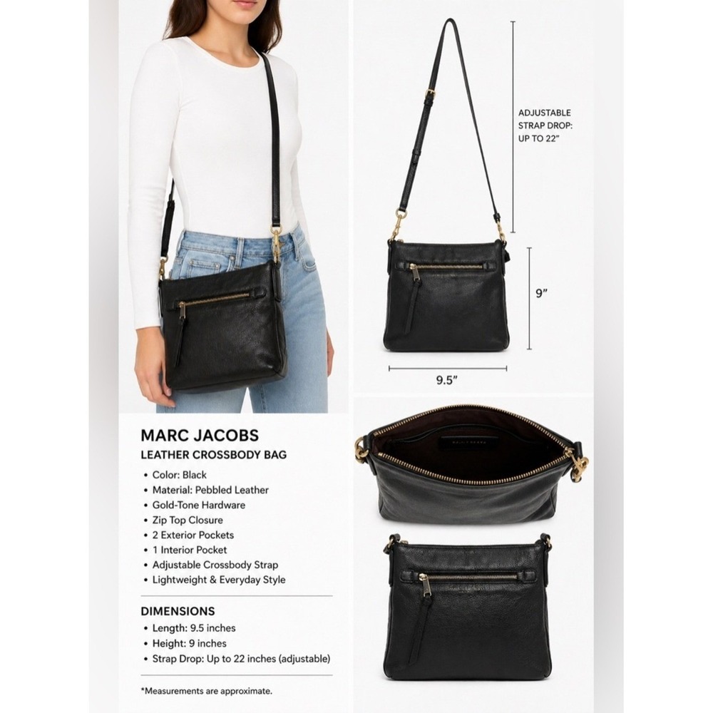 Marc Jacobs Black Leather Crossbody Bag Zip Pocket Adjustable Strap
